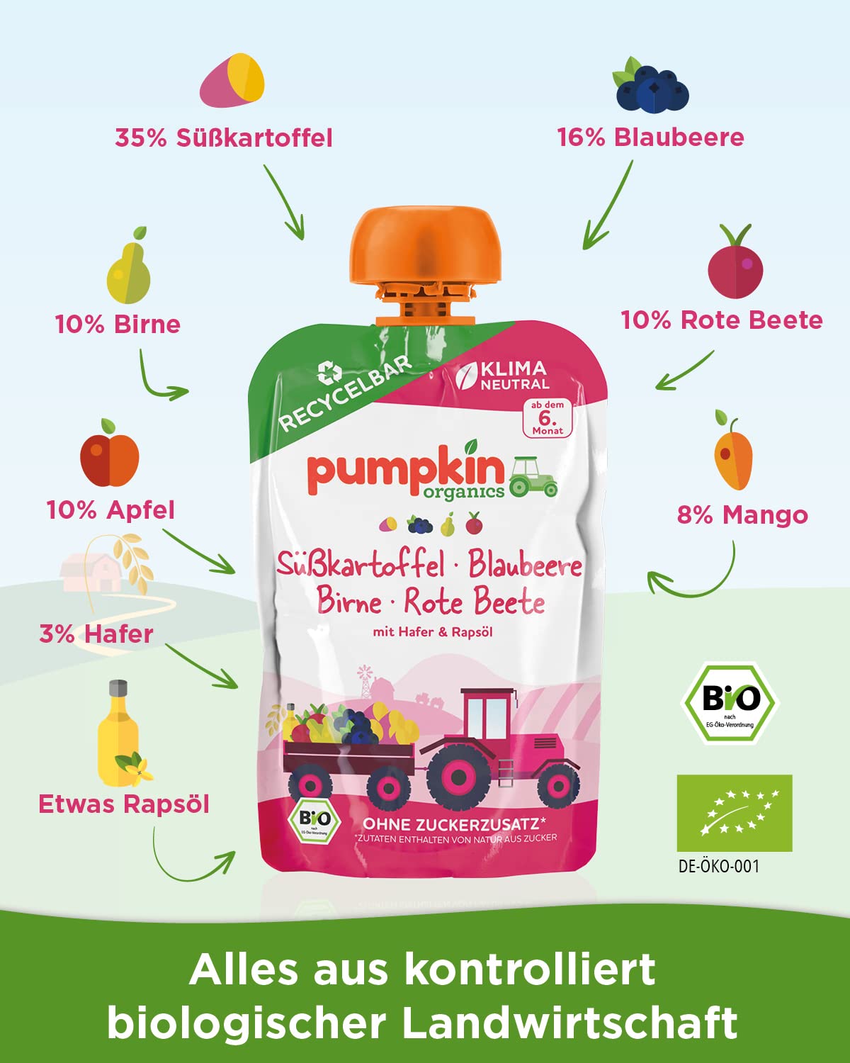 Bio Quetschie Süßkartoffel, Blaubeere, Birne, Rote Beete, Hafer & Rapsöl - Gemüsepüree, Fruchtmus und Getreide für Babys ab dem 6. Monat. Recycelbarer Quetschbeutel, 32er Pack (32x100g)