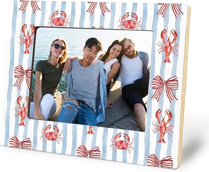 Coastal Lobster Crab Beach Picture Frame 5x7, Gifts for Beach Ocean Lovers, Coquette Red Striped Bow Photo Picture Frames for Desk Tabletop Wall Display Decorations