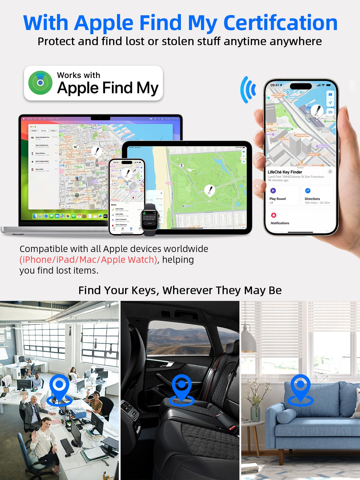 Leder Auto Schlüsselanhänger Eingebauter Anti-Loss Tracker, Schlüsselanhänger für Damen/Herren, Universal Schlüsselanhänger Halter mit 360 Grad drehbar, Anti-Verlust-D-Ring, 2 Schlüsselanhänger und 1