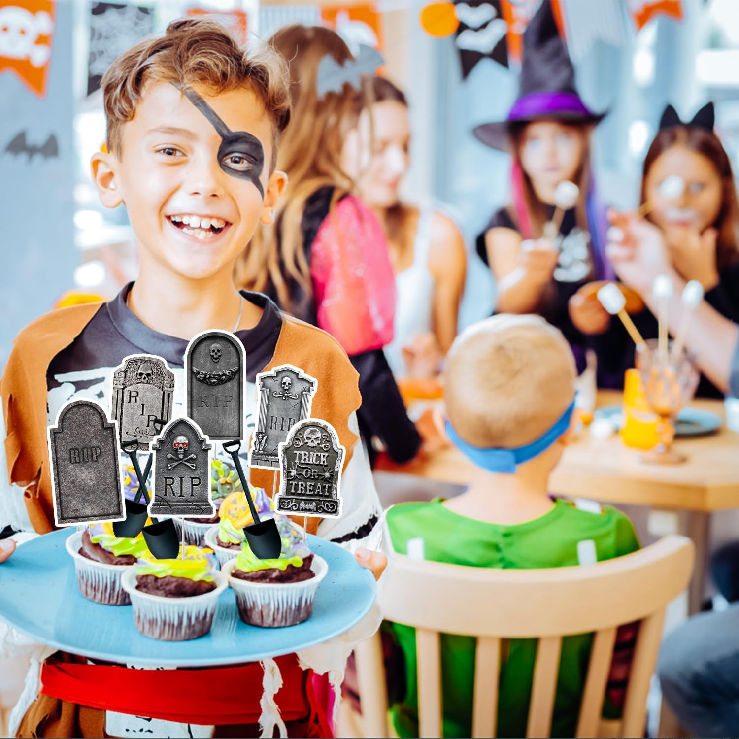 Halloween Cupcake Toppers, 48 PCS Tombstones Graveyard Cupcake Toppers with Mini Shovel Spoons for Halloween Party Decorations, Horror Birthday Decorations, Nightmare Before Christmas Cake Topper image 3