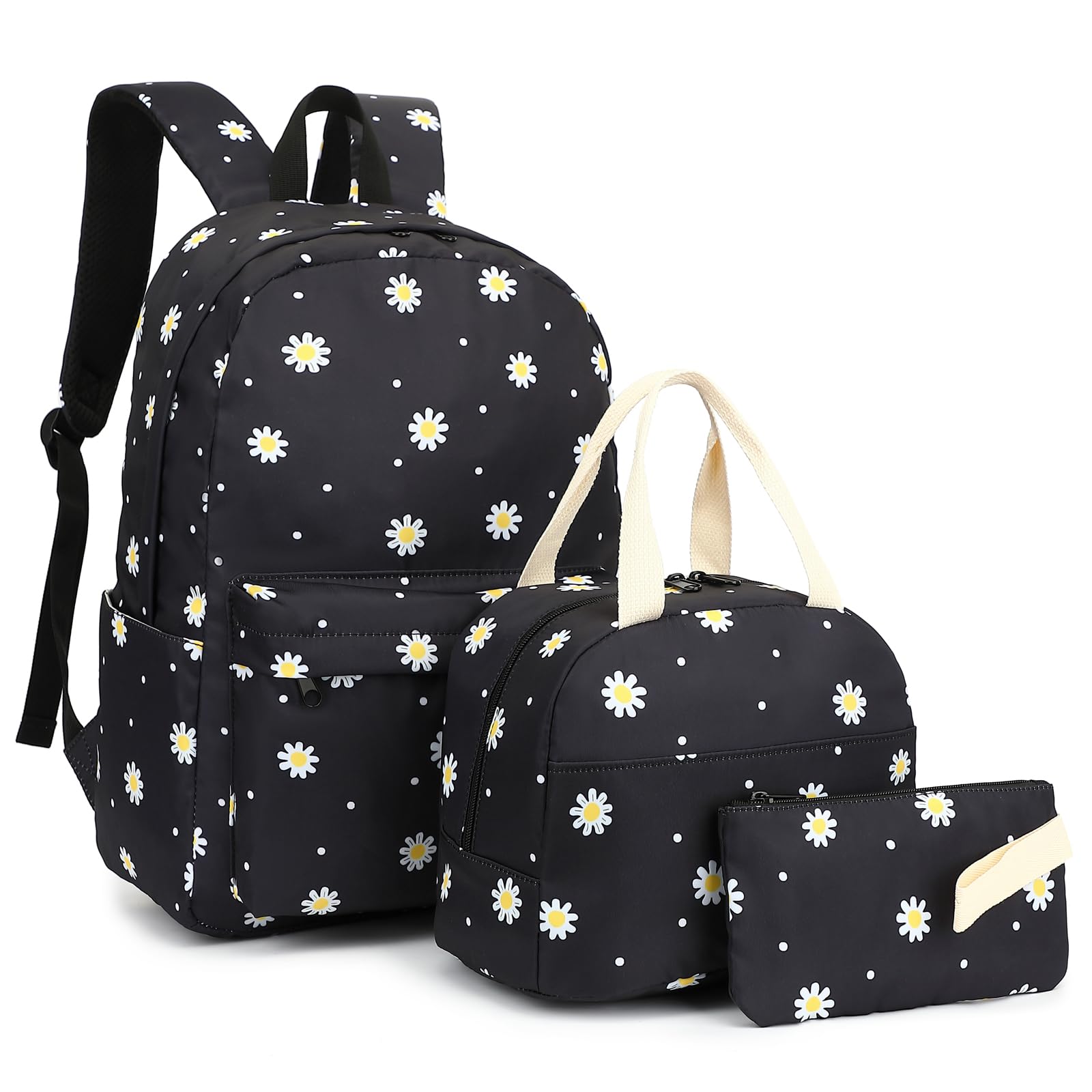 Cuayxox Flowers Girls Backpack for School, Kids Elementary School Bag Teens Middle Bookbag Set with Lunch Box Pencil Case (Daisy Black)