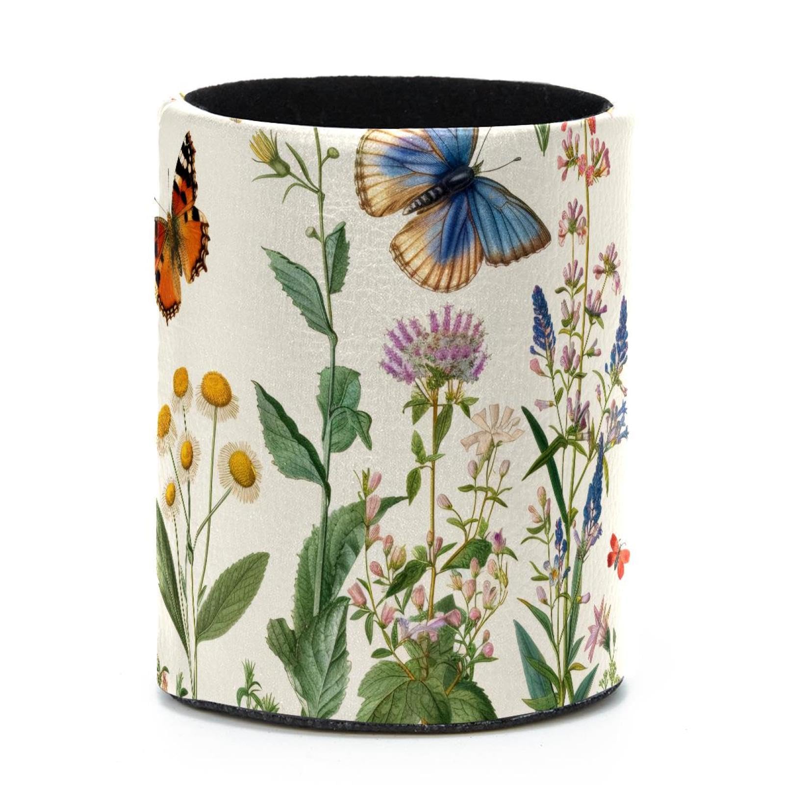 VAPOKF Round Pencil Holders for Desk, Botanical Butterflies Wildflowers Floral Pen Holders Pen Pot Makeup Brushes Storage Desktop Stationery Supplies Organiser for Home Office
