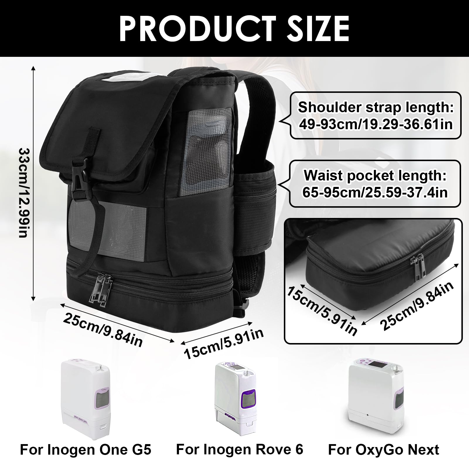 Mochila concentrador de oxígeno actualizada compatible con Inogen One G5 e Inogen Rove 6, dispositivo de oxígeno portátil ultra ligero portátil bolsa de malla para viajes al aire libre, Negro