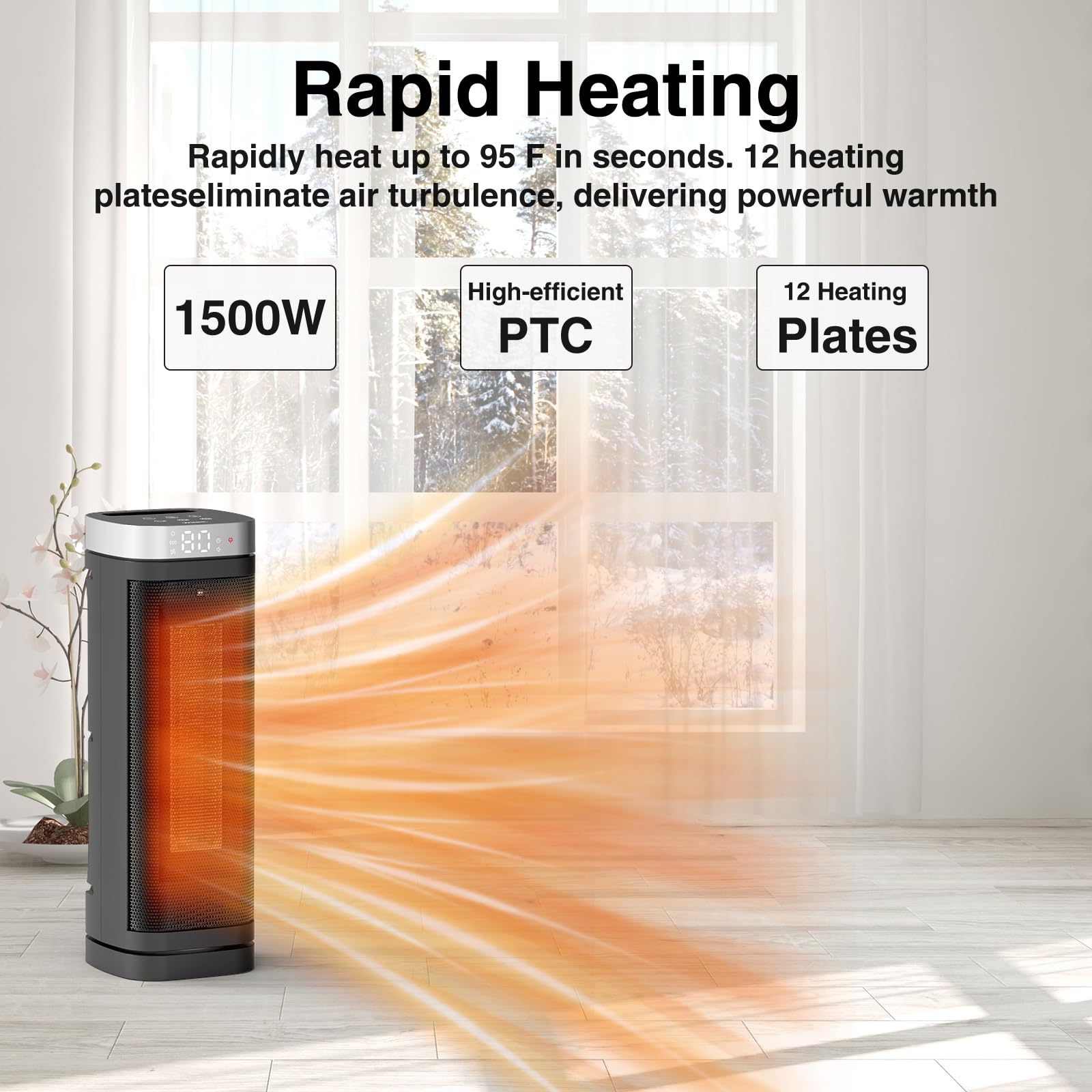 Space Heater, WINHL 17 Inches Electric Heaters for Indoor Use with Thermostat and Remote, 70°Oscillation, 12H Timer, 5 Modes, 1500W PTC Ceramic Fast Safety Heat for Office Bedroom Home