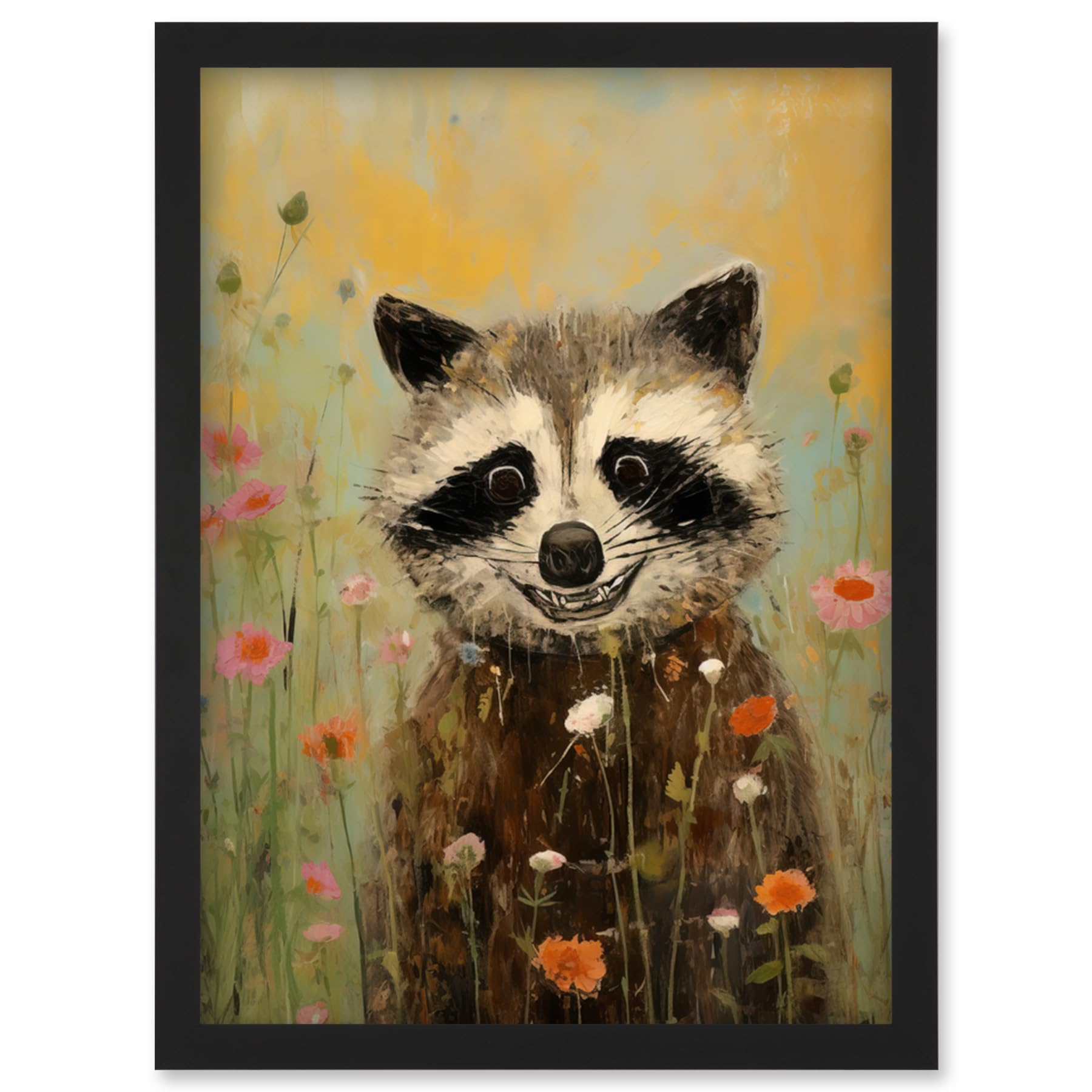 Artery8 Gleeful Raccoon Picking Flowers Oil Painting Red White Blooms Spring Meadow Landscape Kids Bedroom Artwork Framed Wall Art Print A4