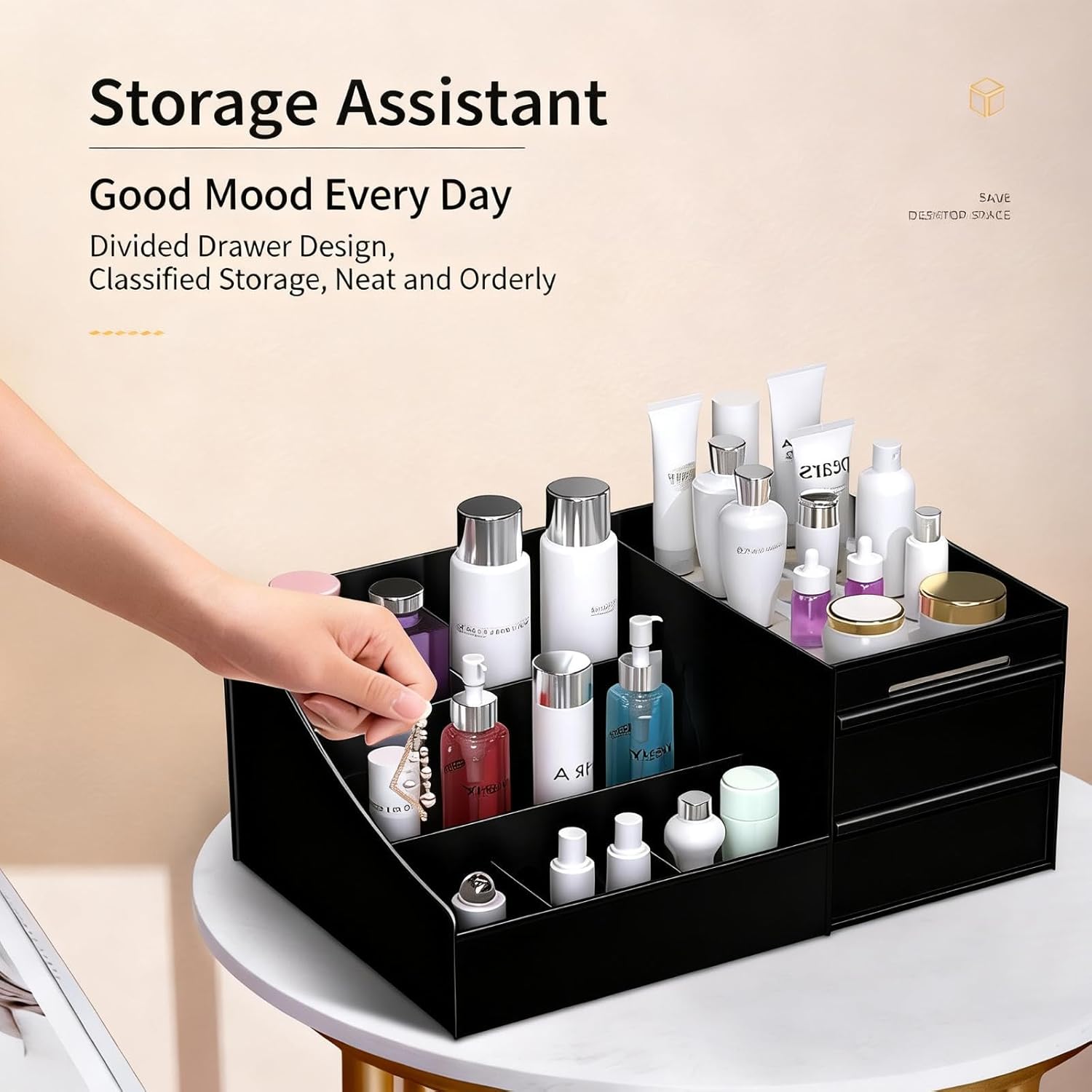 Cologne Organizer for Men, Black Cologne Stand with Drawer, Premium Perfume Holder & Bathroom Countertop Organizer for Mens & Women, Mens Bedroom Essentials & Room Decor, Gifts for Men