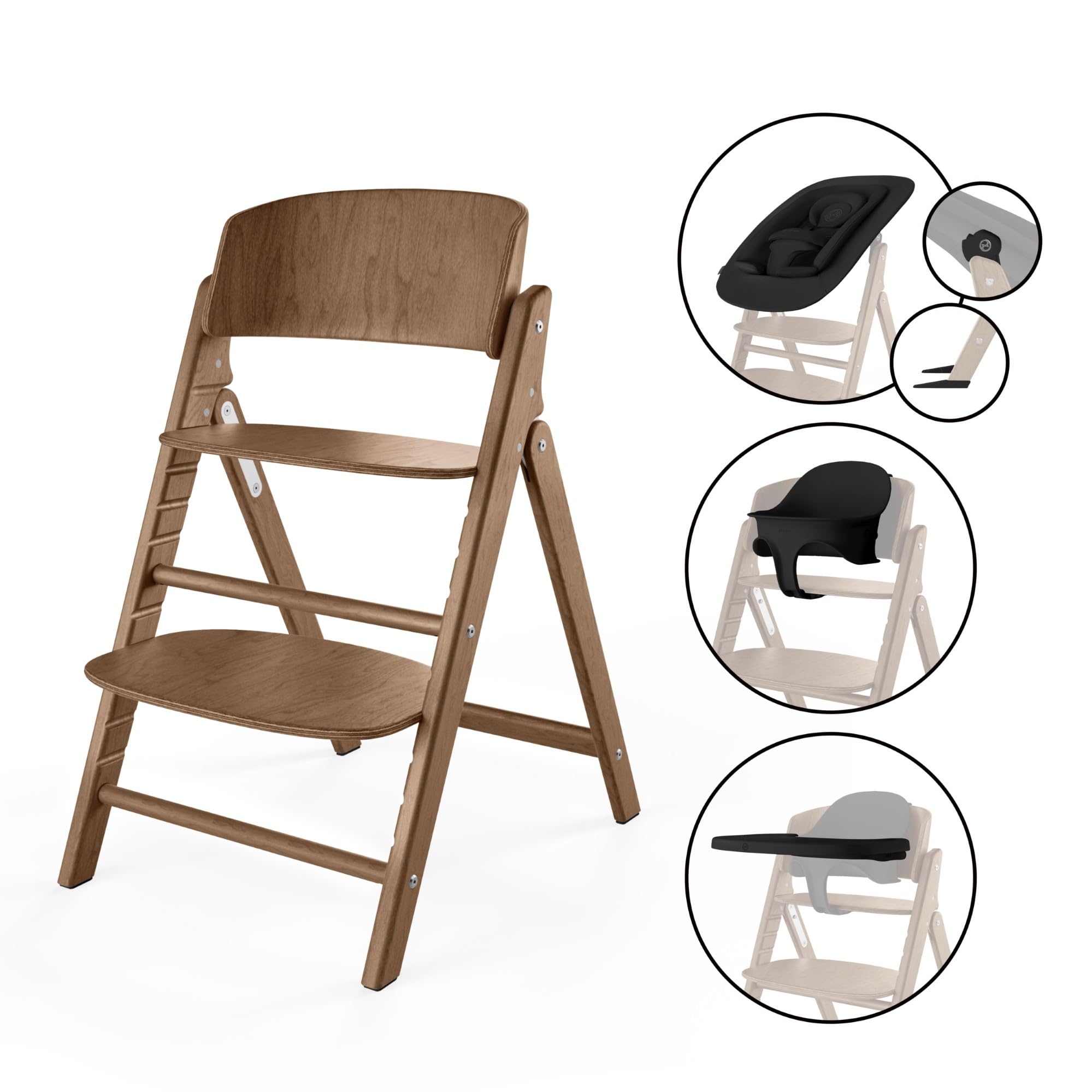 CYBEX Gold CLICK & FOLD Krzesełko do karmienia Zestaw 4w1, Od urodzenia do 99 lat, W zestawie z leżaczkiem Gold Bouncer Nest, zestawem Baby Set i tacką, Dark Natural