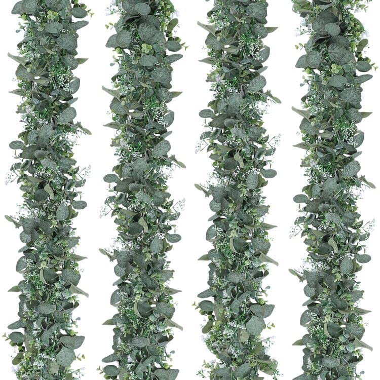 SOMYTING 4pcs Guirnaldas Artificiales de Eucalipto Hojas de Sauce Hojas Verdes Guirnalda de Flores Blancas Planta Artificial Planta Colgante para Fondo Decoración de Boda Camino de Mesa Pieza Central