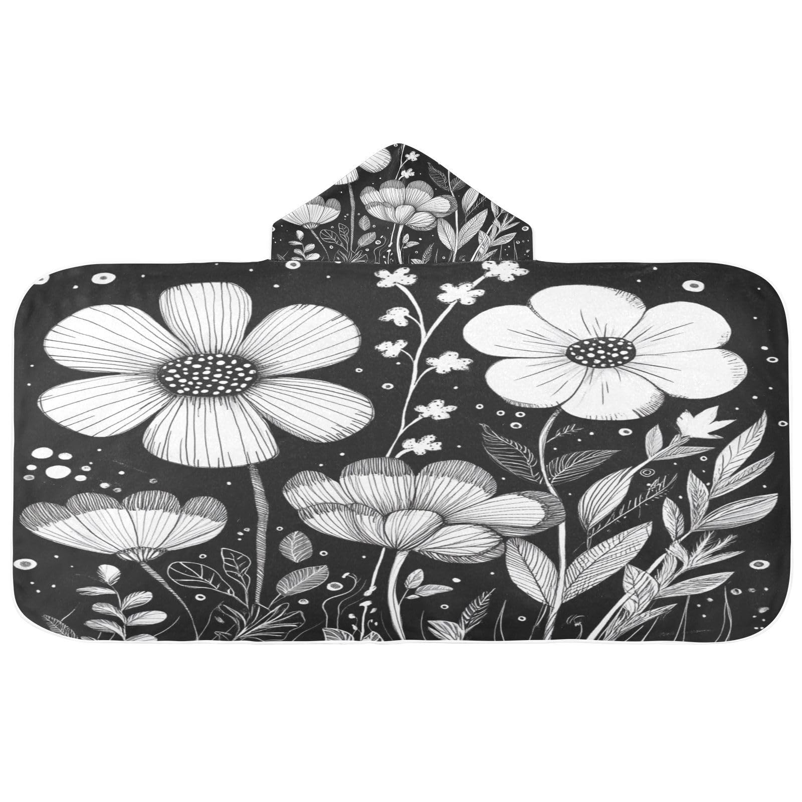 Kigai Black Flowers Hooded Beach Towel for Kids Soft Absorbent Quick Dry Bath Towel with Hood Lightweight Toddler Shower Pool Bath Wrap for Boys Girls