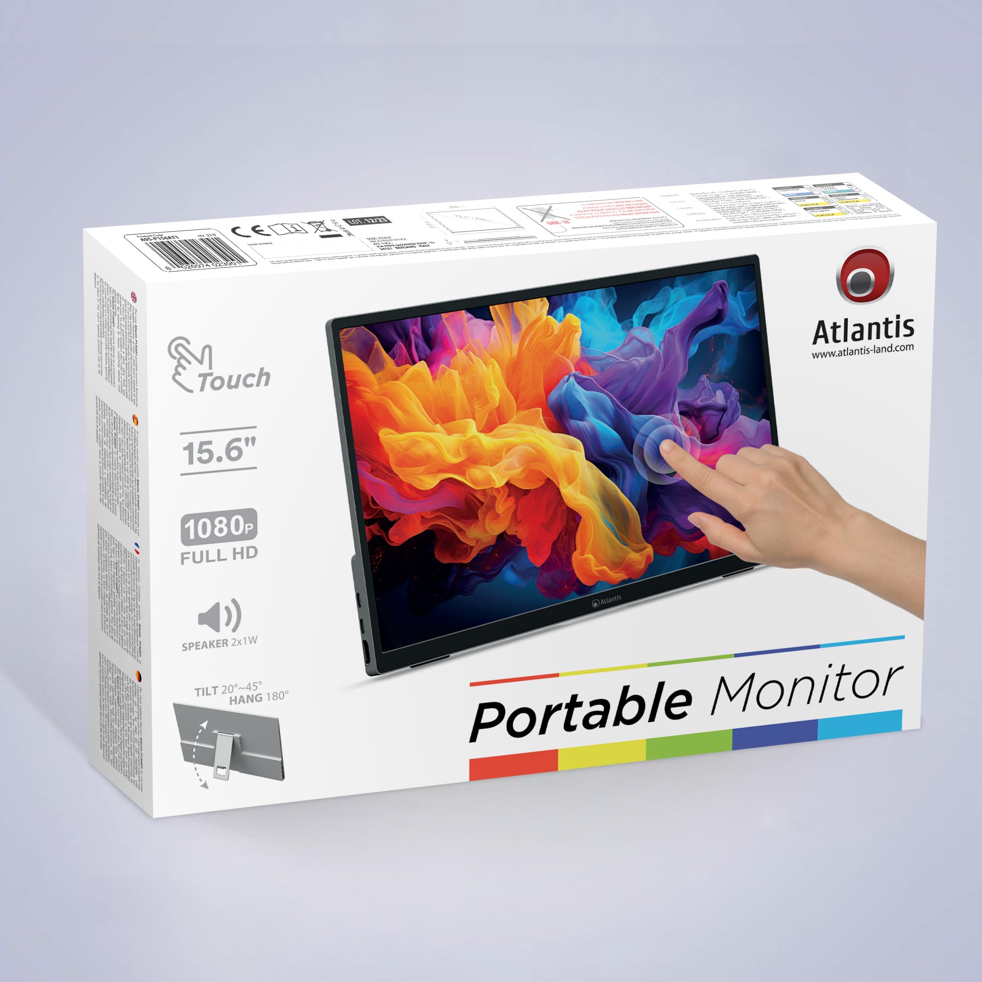 Atlantis Monitor Portatile TouchScreen 16 Pollici, 1080P Full HD 1920x1080, HDMI/Type_C, Speaker 2x1W, Inclinazione Regolabile, display IPS, per Notebook/Console/ 170/170,Cavo HDMI 1,5m/Type_C, < 1Kg.