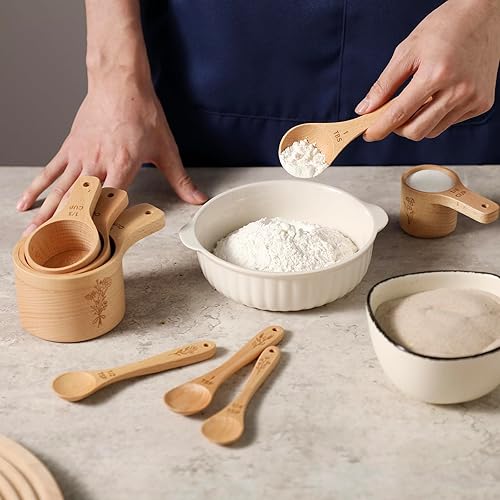 Miniatura 2 de Juego de 8 tazas y cucharas medidoras de madera floral  Juego de 8 accesorios de cocina de haya natural para harina, azúcar, especias para hornear,