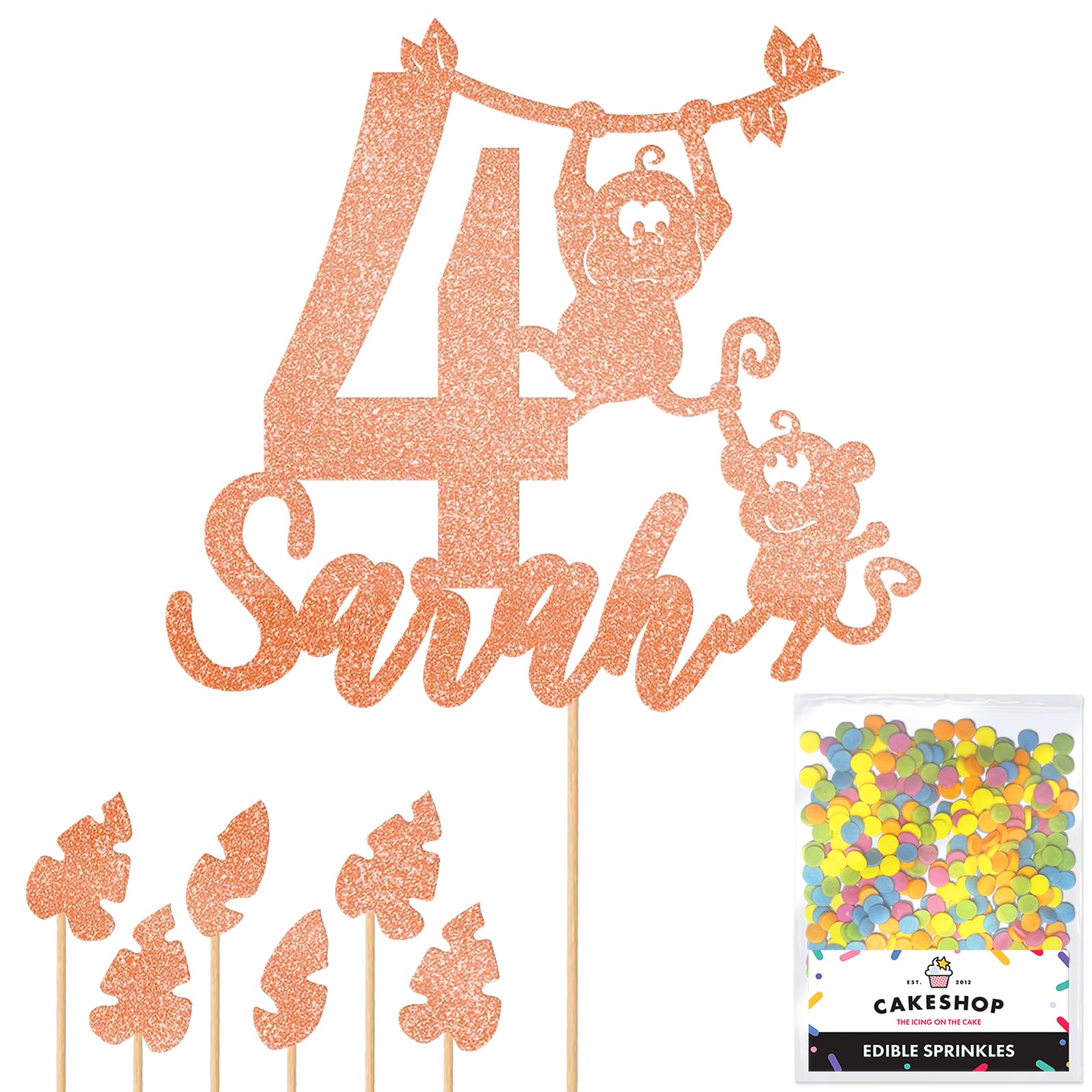 Personalised Birthday Jungle Monkey Glitter Cake Topper Rose Gold Any Custom Age & Name Glitter Cake Decoration and Sprinkles - Happy Birthday Decorations - Personalised Toppers for Cakes by Cakeshop — image 1