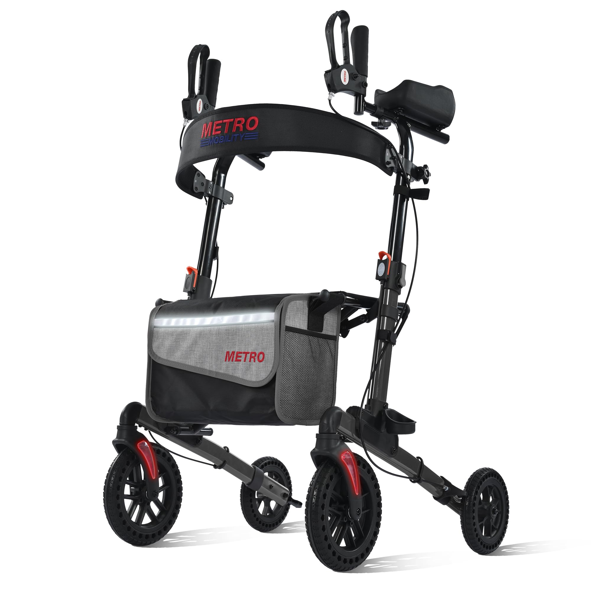 Metro Mobility Rollator Walker with Seat for Seniors, Foldable Lightweight Rolling Walker, 10" Big Front Shock-Absorbing Honeycomb Wheels for All Terrain, 300 lb. Weight Capacity, Black