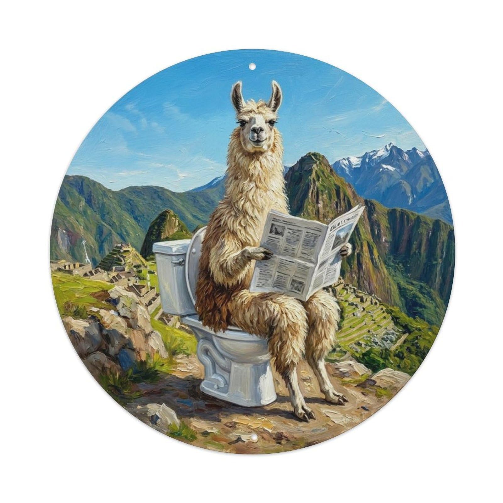 Llama On Toilet Humorous Bathroom Andes Mountain Pass Metal Tin Sign