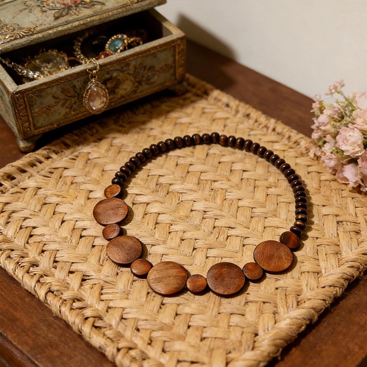 ONLYJUMP Colorful Ethnic Wooden Beaded Necklace for Women Multilayered Round Geometric Dangle Exaggerated Tribal Statement Jewelry