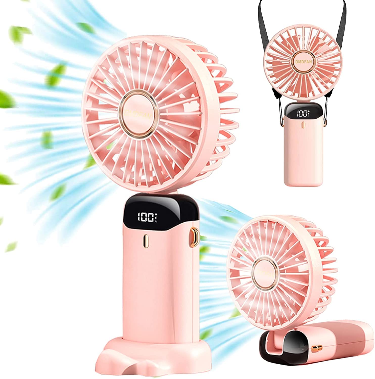 SYOSIMini Handheld Fan, 5 Speeds Portable Personal Fans with LED Screen 90° Adjustable Cooling Fan Removable Base, 5000mAh Quiet USB Fan for Home Office Outdoor Travel, 16-24 Hours Working (Pink)