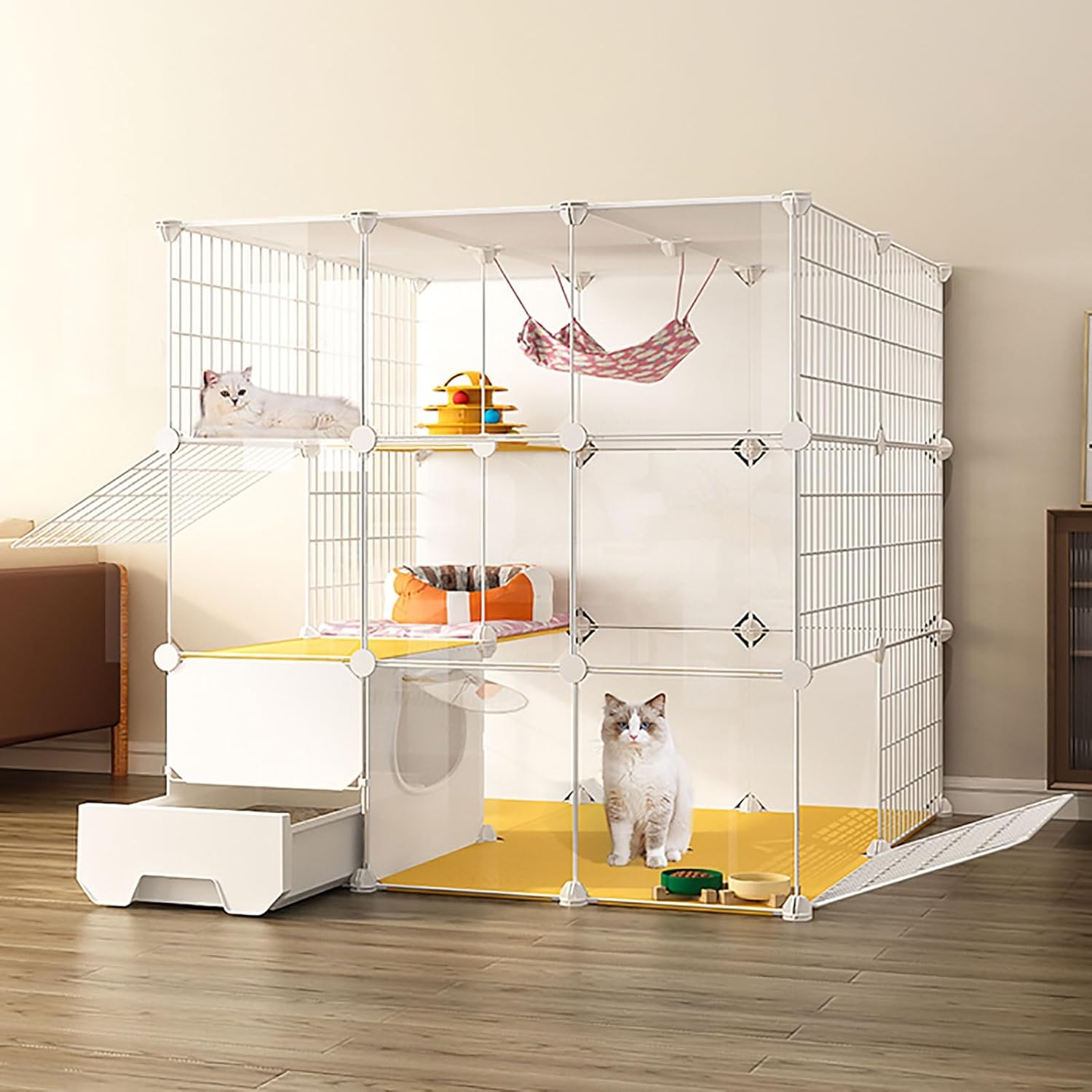 Large Cat Cages Indoor,DIY Cat Crate Playpen with Cat Litter Box,Semi-Enclosed Detachable Metal Wire Kennels Pet Enclosure,Large Exercise Place Ideal for 1-3 Cats,111x75x111cm