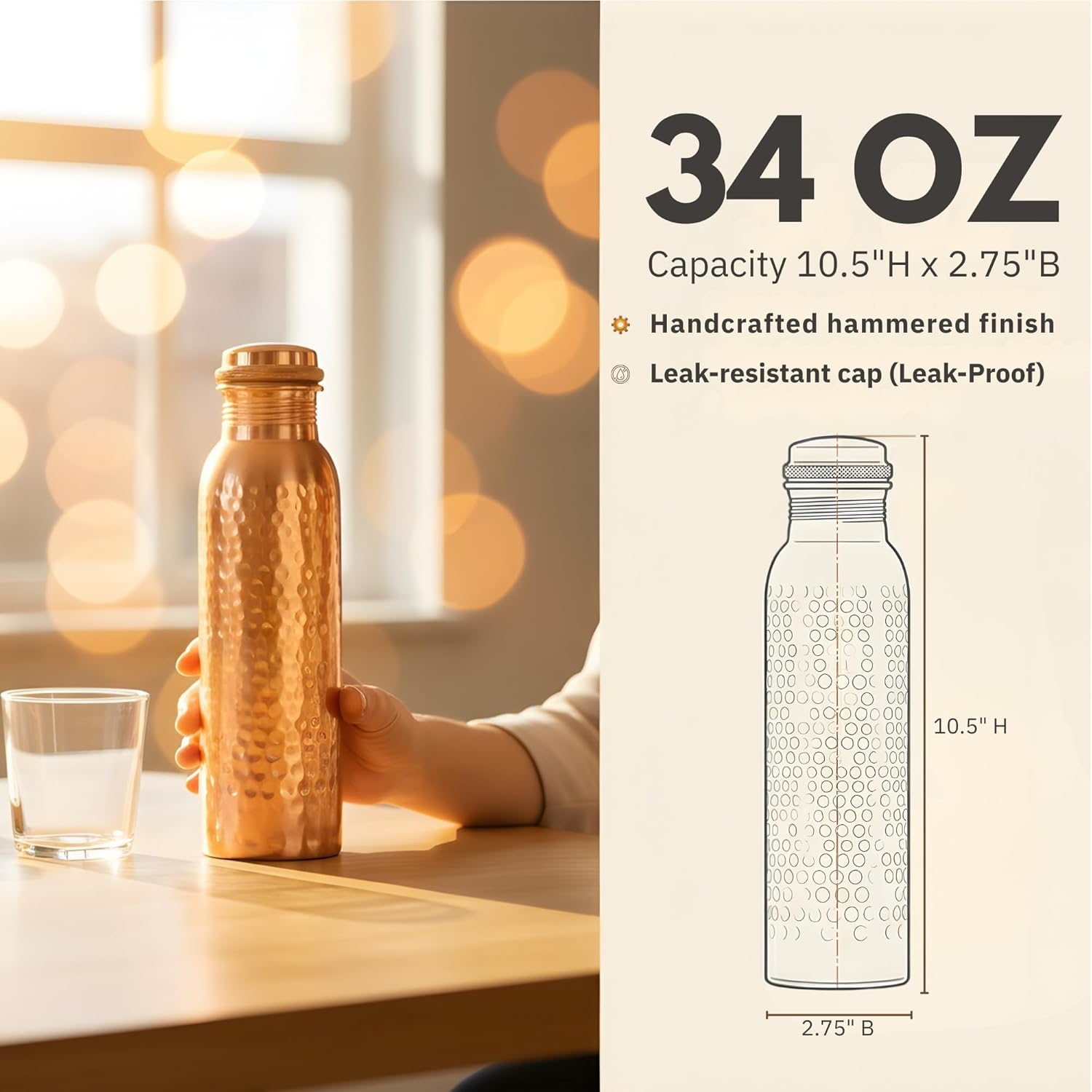 Copper Water Bottle 34oz - 100% Pure Ayurvedic Handcrafted Design - Eco-friendly Premium Quality - Bpa-free Heavy Duty Leak-proof & Lab-tested - Health Benefits for Daily Use, Sports, Travel & Gifting - Image 5
