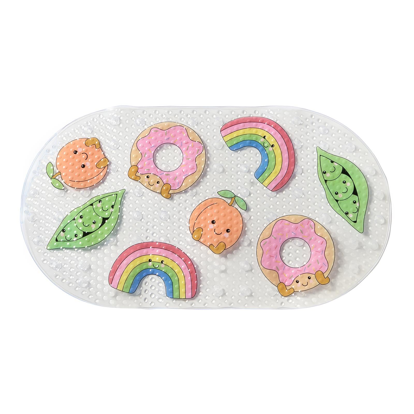 OHS Bath Mat Non Slip Anti Mould Kids Clear, Sweetie Pies Print Long Shower Mat with Suction Cups Flexible Oval PVC Bathtub Mats Shower Mats for Inside Shower Bathtub Toddler Kids, 39 x 69cm