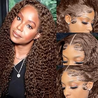 200% Density 13x6 Auburn Brown HD Transparent Lace Front Wigs Human Hairfor Black WomenWith Baby HairChocolateKinky Curly Lace Front Wigs Human Hair Pre PluckedColored Human Hair Lace Front Wigs(18 Inch, 13x6 Chocolate Lace Front Wigs)