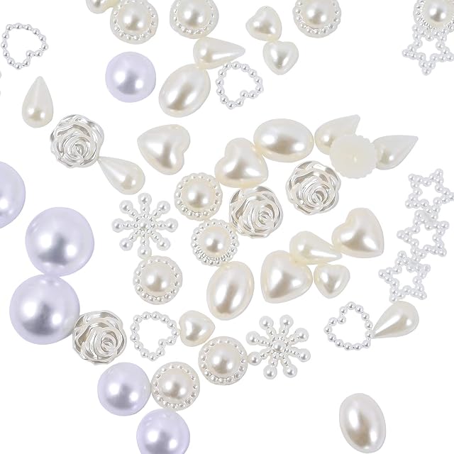 Berolle 120 PCS White Flat Back Pearls Mixed Shape Pearls Resin Crafting Pearls Pearl Decorations for Embellishments Decorative Accessories