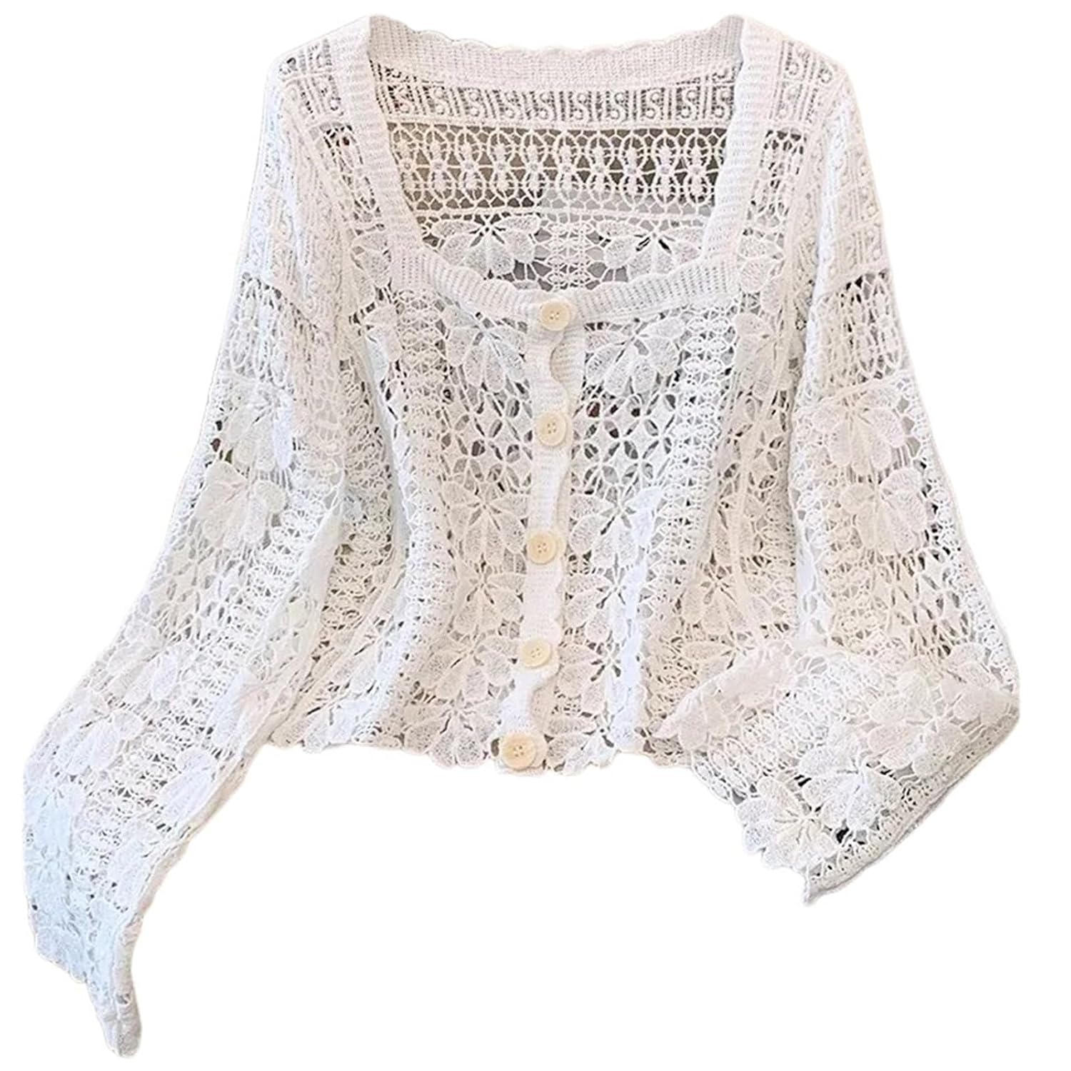 Womens Long Sleeve Hollowed Crochet Knit Floral Lace Cardigan Square Neck Button Down Crop Cardigan Beach Coverup Coat