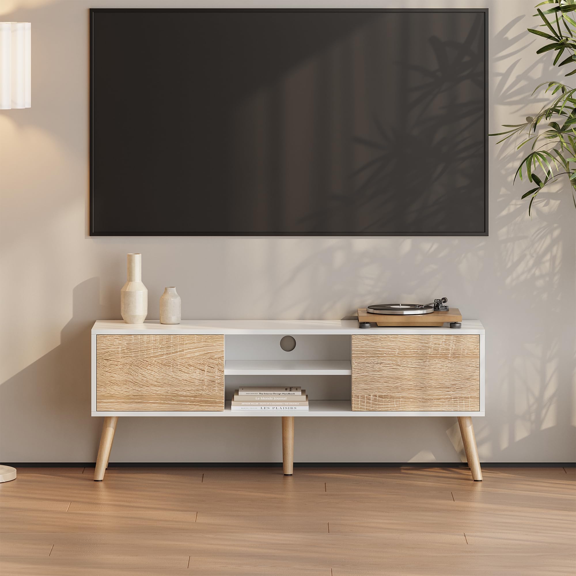 Meuble TV Design Support Télé Banc avec 2 Portes et 2 Étagères Panneau de Particules Mélaminé Pieds en Bois avec Revêtement PVC 120 x 30 x 47 cm Blanc Effet Chêne