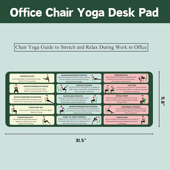 Desk Mat with Chair Yoga Guide, Large Mouse Pad for Keyboard and Mouse, 31.5x11.8 Extended Office Desk Pad with Stitched Edges, Non-Slip Rubber Base Desktop Accessories for Office