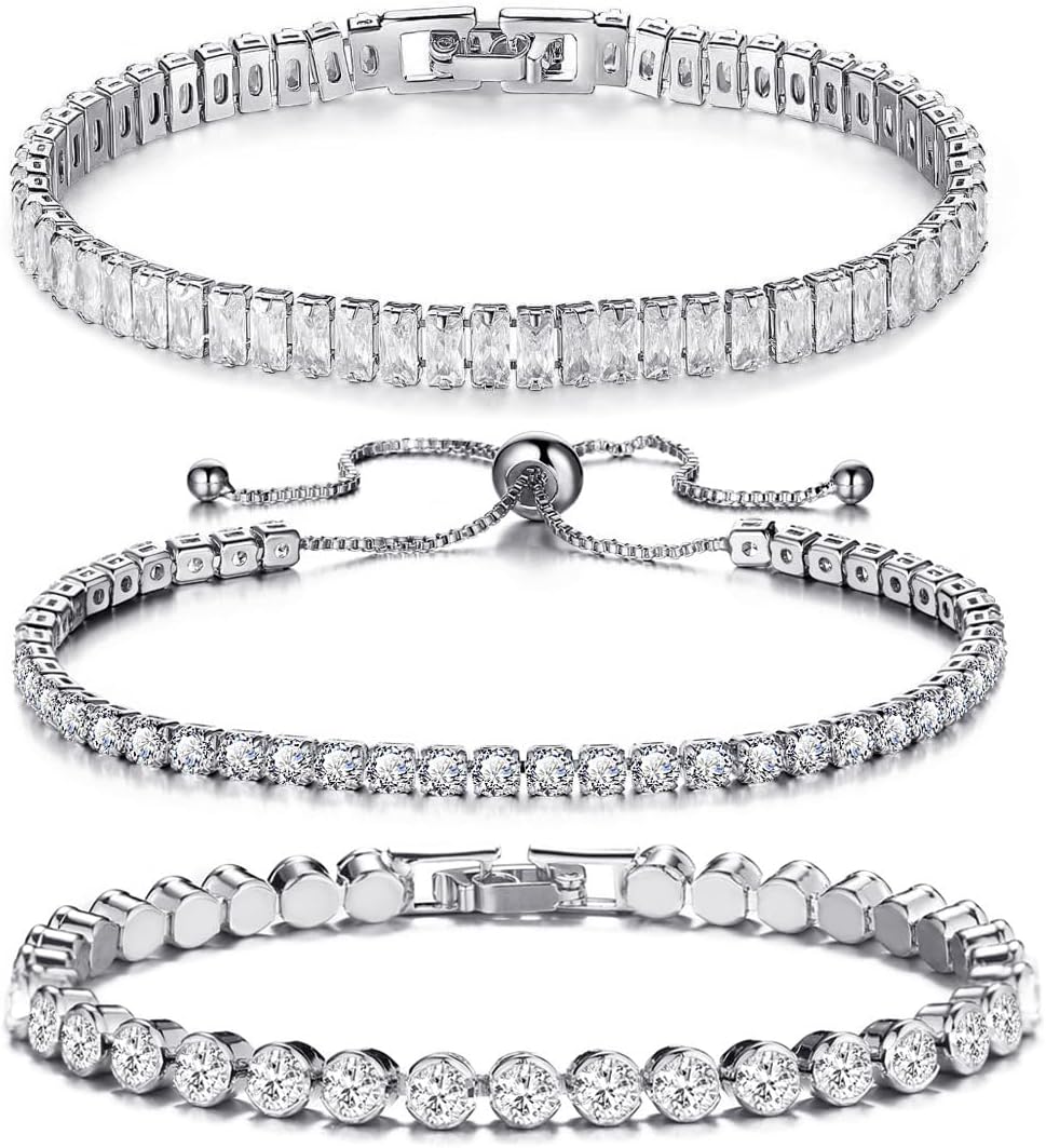3Pcs Silver Tennis Bracelet Set Cubic Zirconia Adjustable Bracelet Silver Bracelets For Women Wedding Jewelry Gift