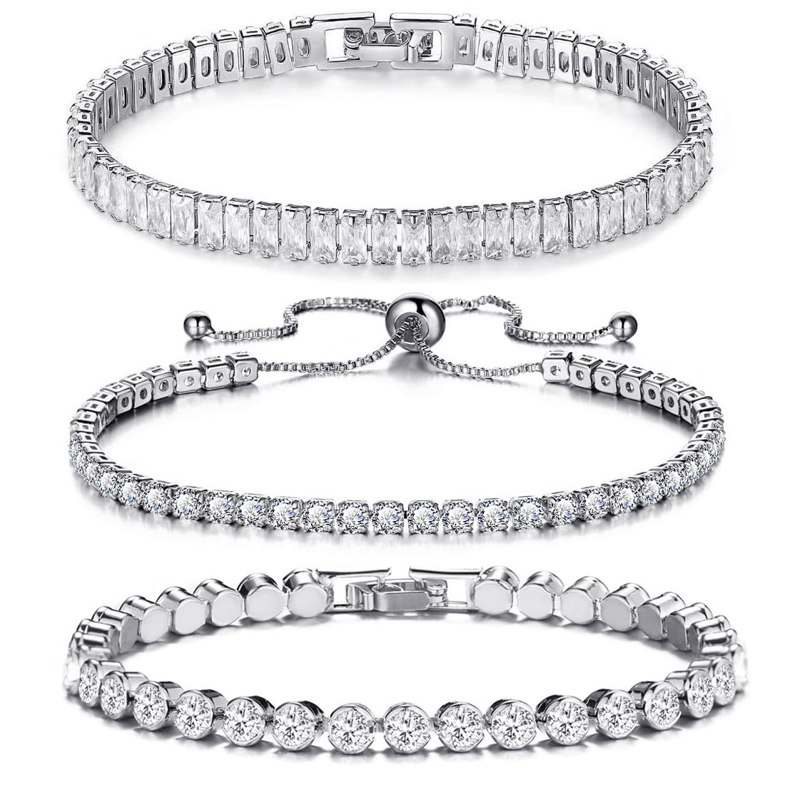 CONGYING 3Pcs Silver Tennis Bracelet Set Cubic Zirconia Adjustable Bracelet Silver Bracelets For Women Wedding Jewelry Gift