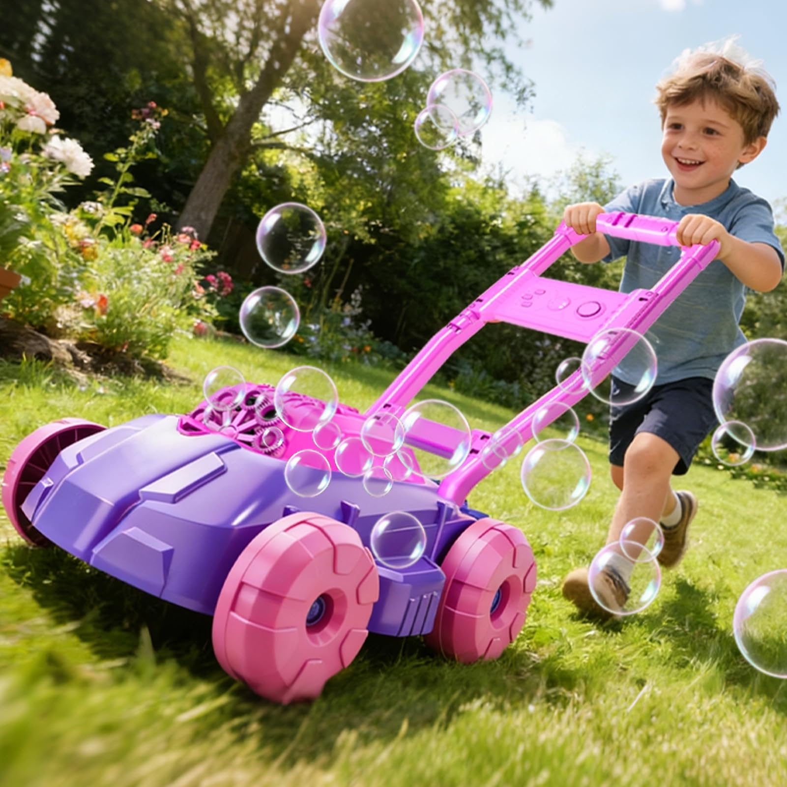 Rasenmäher Seifenblasenmaschine Kleinkinderspielzeug, Sommer Outdoor Spielzeug Spiele, Seifenblasenmaschine für Kleinkinder Vorschulkind Jungen Mädchen Geburtstag, Rosa