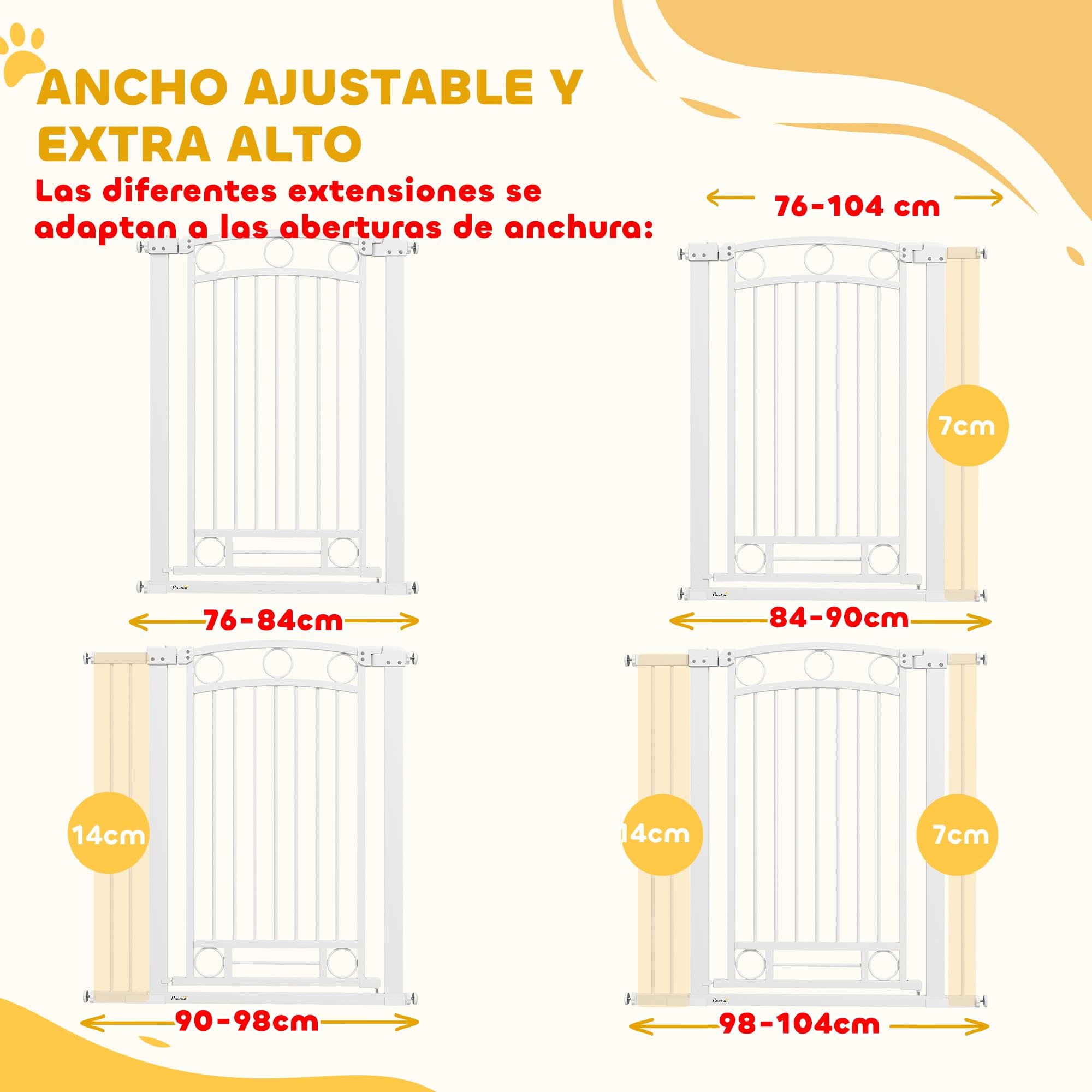 PawHut Cancelletto per cani con barriera di sicurezza per cani 76-104 cm Altezza 105 cm con 2 prolunghe 7/14 cm per scale e cancelli Bianco