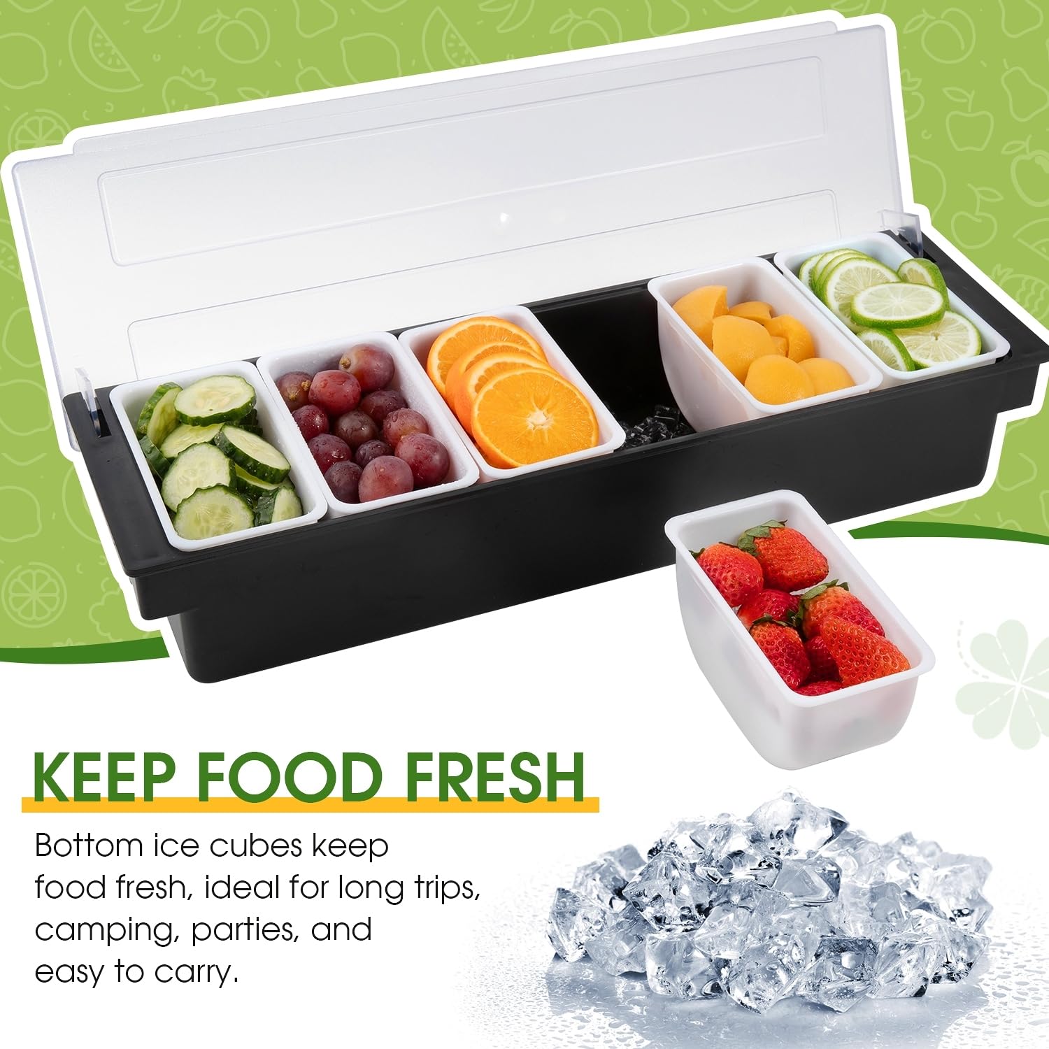 Eisgekühlter Gewürz-Servierbehälter, Obst, Gemüse, Gewürzbehälter, Kunststoff, Garnierstation mit Deckel für Obst, Eis, Salat, Bar-Topping Organizer für Restaurantbedarf (6 Fächer)