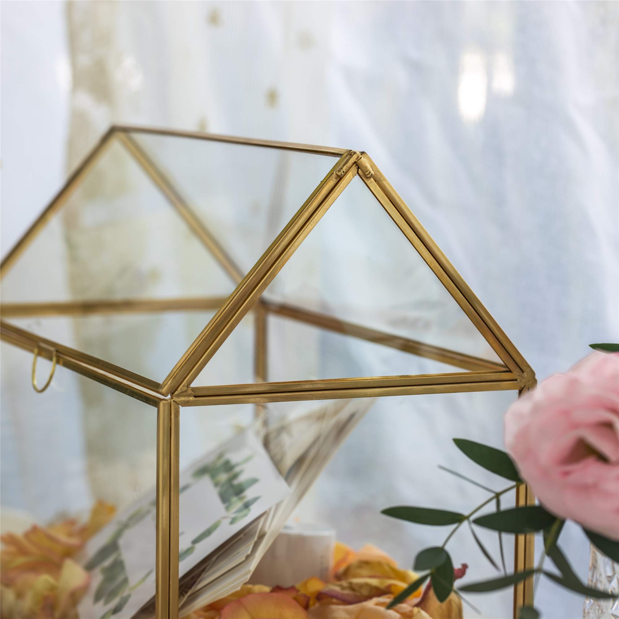 NCYP Grande souple géométrique Verre Décor carte Box Terrarium Décoration de table Pot de fleurs faites à la main en cuivre Pot de fleurs en forme de maison pour plantes Succulents (26 x 21 x 15 cm)