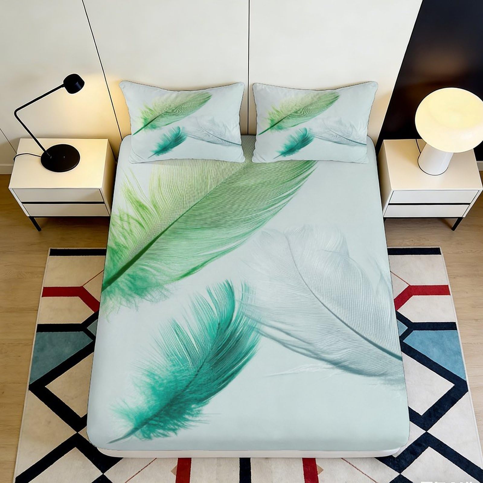 3D Printed Feather Fitted Sheet Microfiber Deep Pocket Non-Slip Bedroom Bedding Feather Mattress Fitted Cover for Adults Teens 200x200x25cm 90x200x25cm