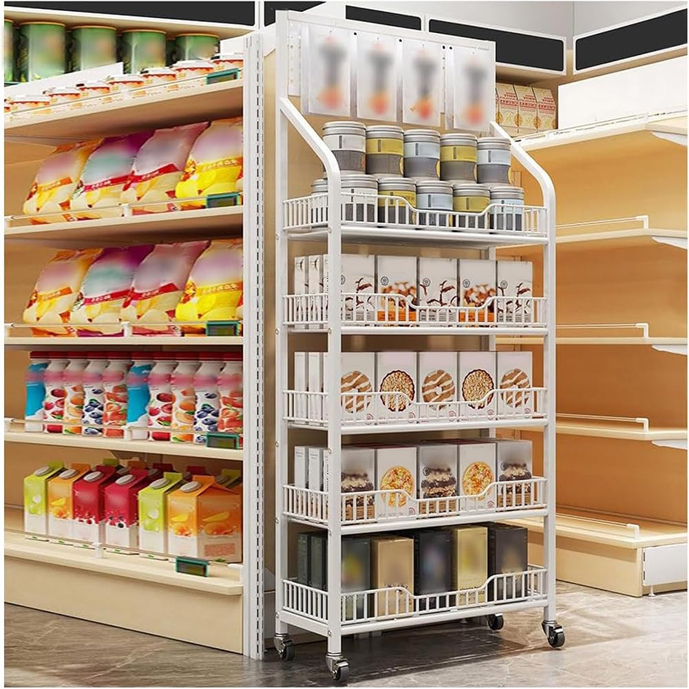 AYCDL 5 Tier Snack Display Rack Cart with Wheels - Freestanding Organizer for Supermarkets and Concessions,White