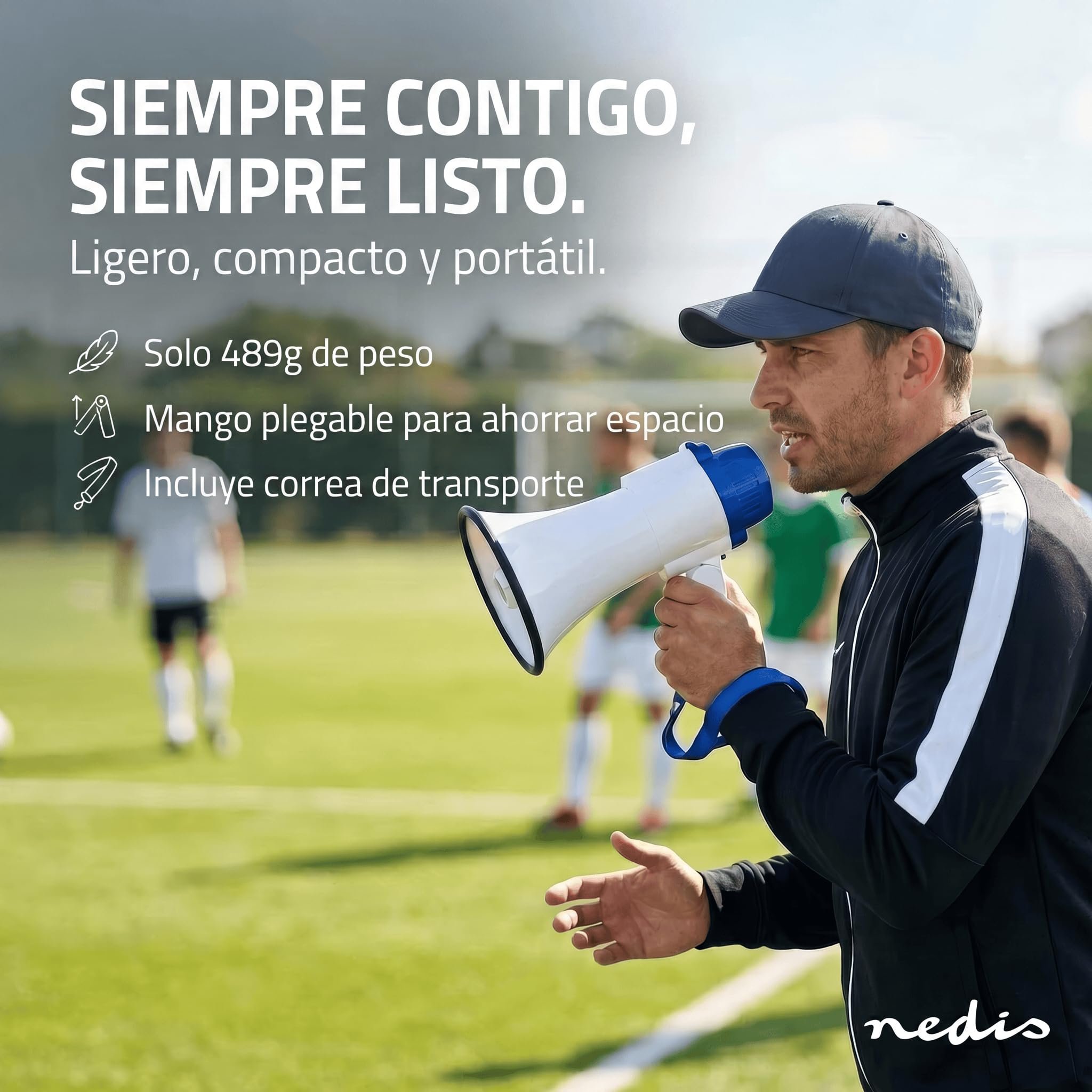 Nedis megáfono 250 m 150 dB blanco azulado con correa y micrófono incorporado sirena grabación