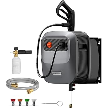 Giraffe Tools Grandfalls Pressure Washer Plus, Max 2400 PSI, 2.0 GPM Electric Wall Mounted Power Washer with 80ft Pressure Hose, Foam Cannon, 4-Nozzles for Car/Driveways/Patios, Light Silver