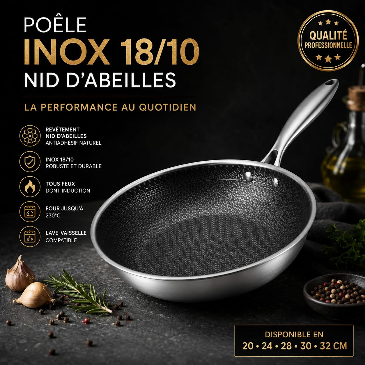 Cflagrant® Poêle à frire Hybride en inox de qualité premium 18/10 et revêtement 3D nid d’abeille anti rayures de qualité professionnelle sans PFOA (XXL 30cm)