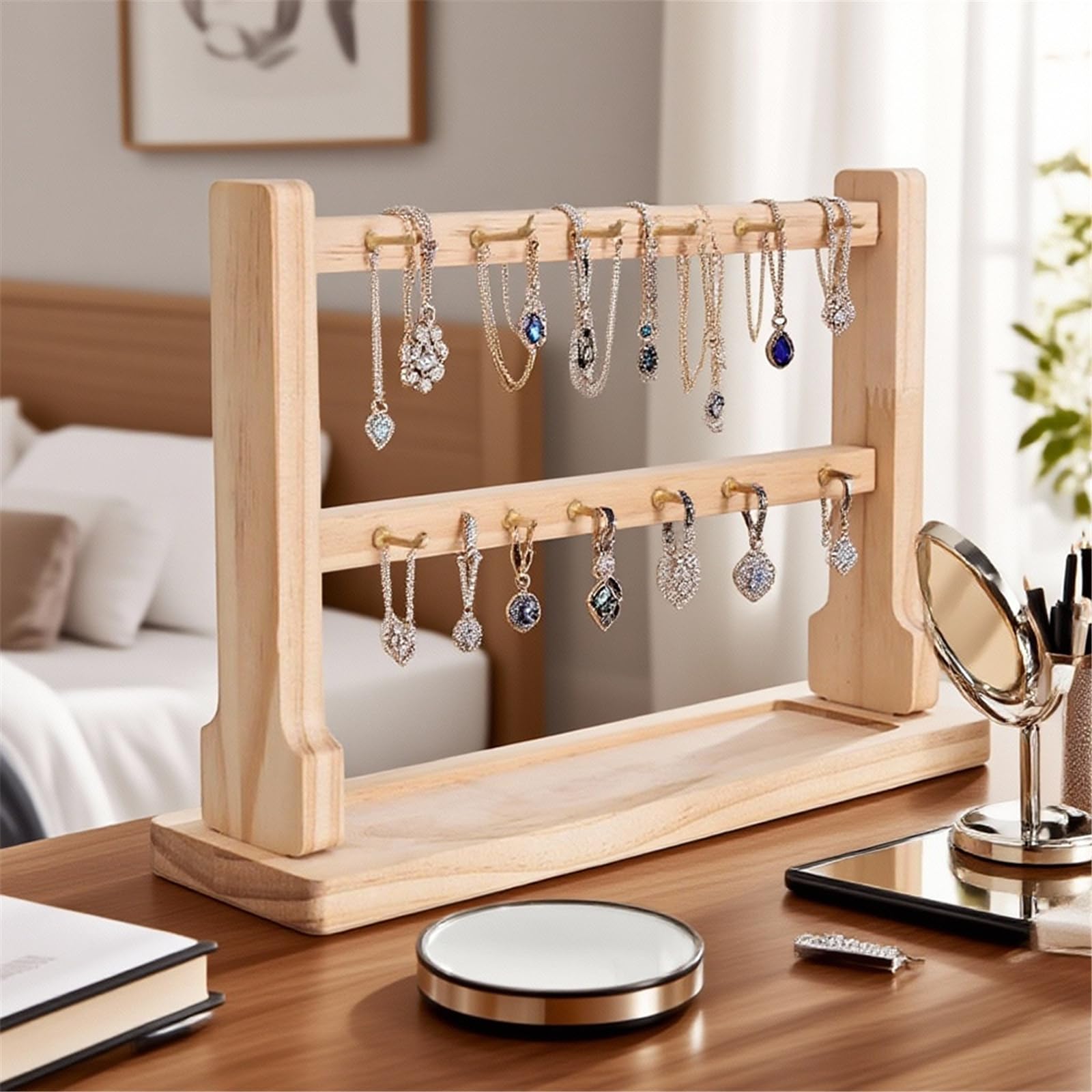 Wooden Jewelry Display Stand with Hook Bracelet Pin Storage Rack (Wood 2 Tier)