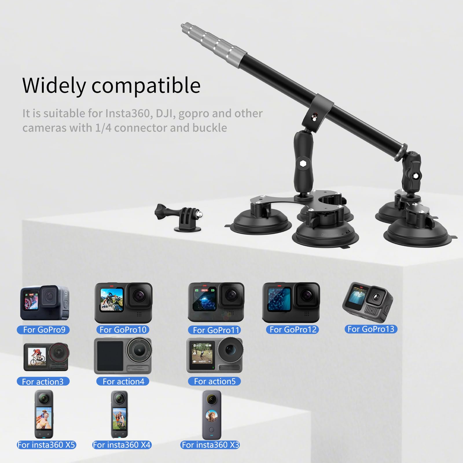 UNSTINCER 5 Ventosa Auto Supporto e Morsetti per Action Cam, 360° Rotativo | met 119 cm Selfie Stick, 1/4" Vite, Camera Attacco per Gopro Insta360 DJI, Car Cruscotto Parabrezza Vetro Tetto Porta Staffa