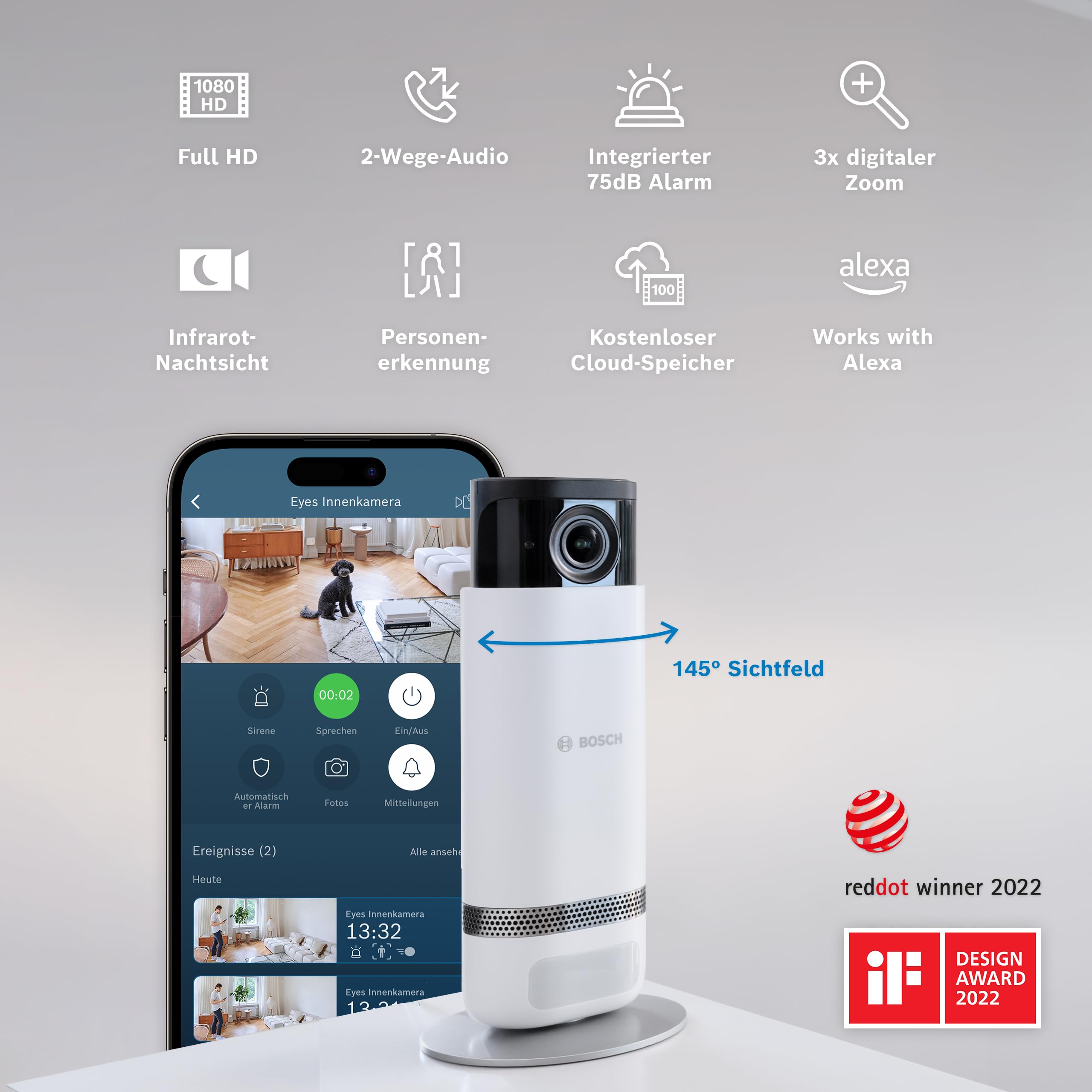 Bosch Smart Home Eyes Innenkamera II, WLAN Überwachungskamera für den Innenbereich mit intelligenter Personenerkennung, kompatibel mit Amazon Alexa