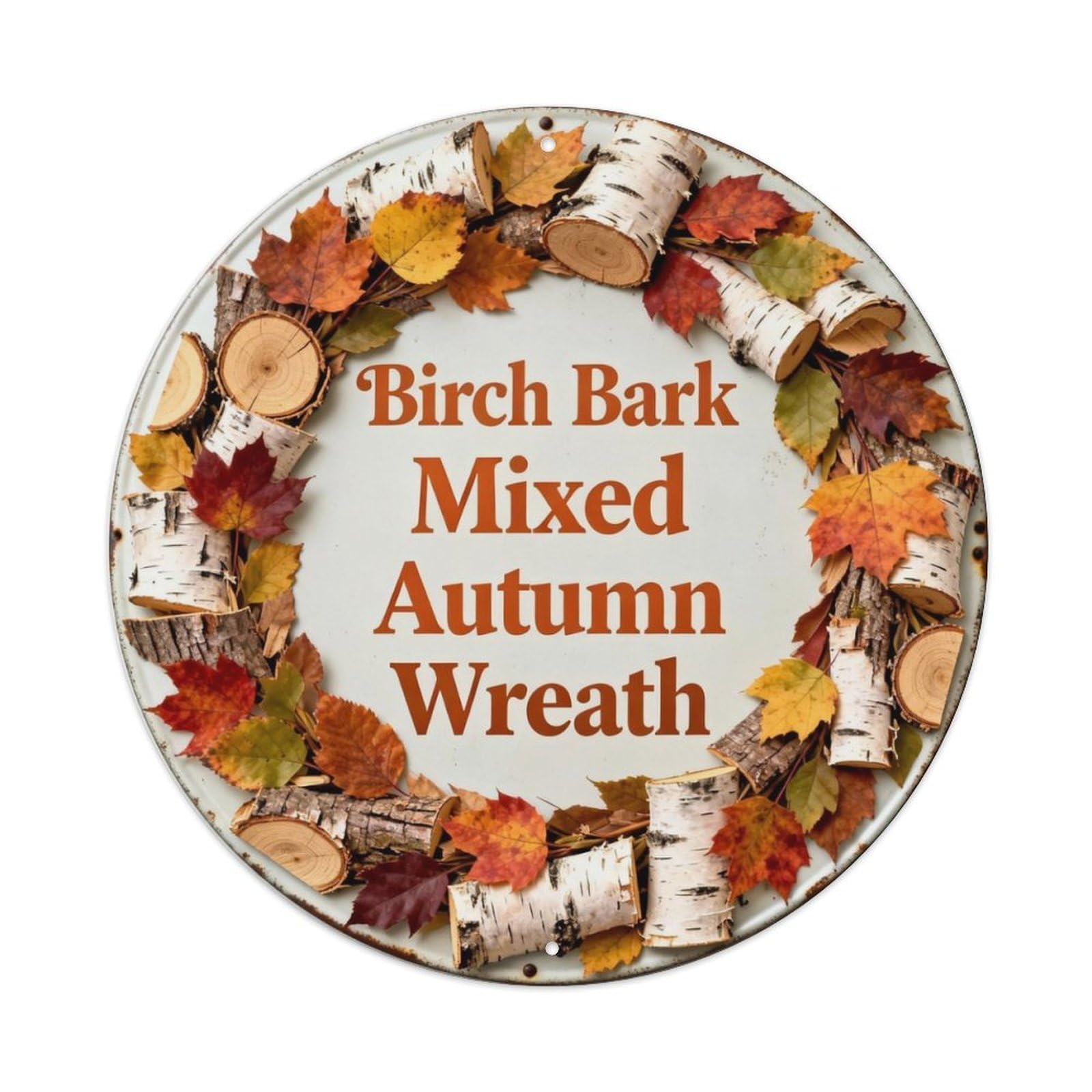 Birch Bark Slice Mixed Autumn Wreath Metal Tin Sign Plaque