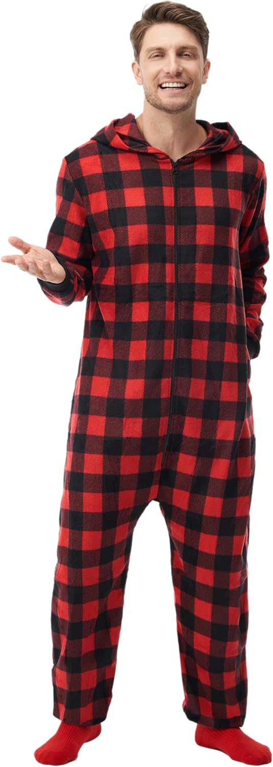Giggling Getup Red Christmas Pajamas, Flannel Buffalo Plaid Pajamas with Hood for Holiday Jumpsuit - Image 2