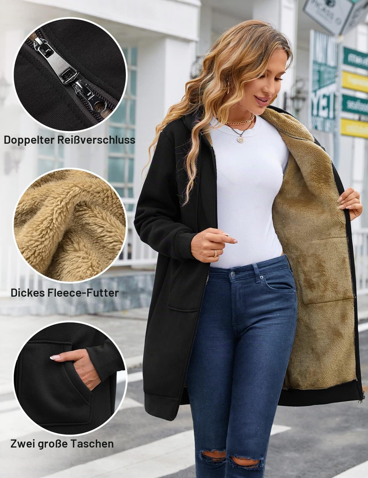 Svanco Fleecejacke Damen Lang Gefütterte Fleecemantel mit Kapuze | Dicke Warme Teddyfleece Innenfutter, 2 Große Taschen, Doppelfunktion‑Reißverschluss, gemütlich für Herbst Winter Outdoor