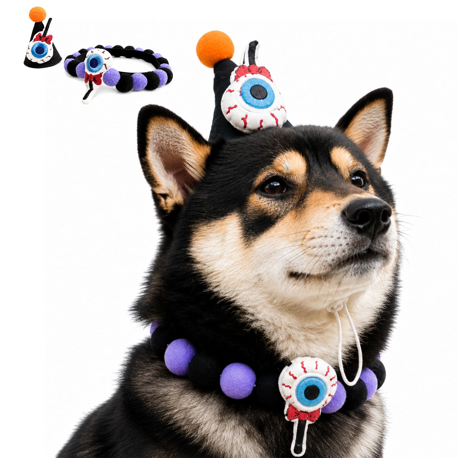 Eyeball Halloween Dog Costume Set, Party Hat And Pom-Pom Collar, Size M