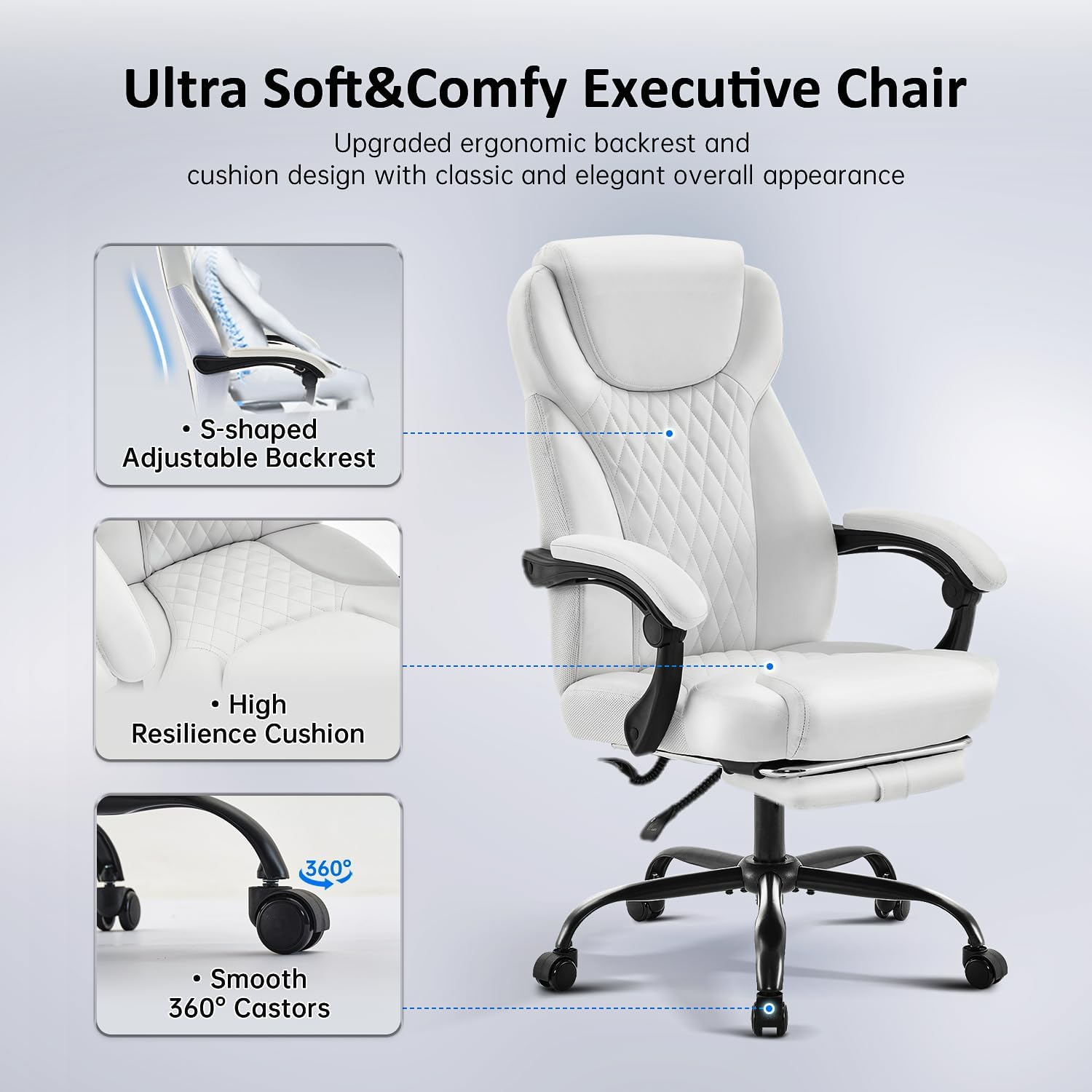 Office Chair, Big and Tall Office Chair with Foot Rest Ergonomic Chair Home Office Desk Chairs Reclining High Back Leather Chair with Lumbar Support(White) - Image 8