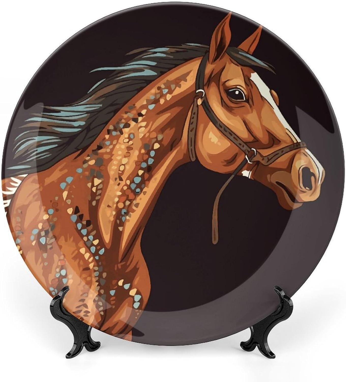 Brown Horse Bone China Decorative Plate with Display Stand, Ceramic Ornaments Plate for Wall Hanging, Personalized Porcelain Plates for Office, Living Room 8inch