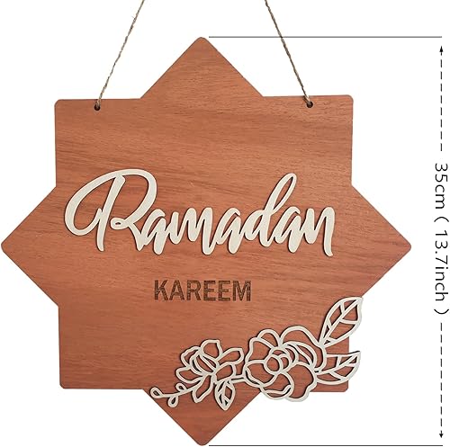 Miniatura 4 de Letrero de puerta de Ramadán, ocho estrellas de césped, Ramadán Kareem de madera para colgar en 3D, corona de puerta delantera para pared, ventana,