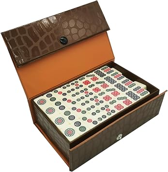 Chinese Mahjong Set with 144 Tiles Mini Mahjong Set with Brown Carrying Case Portable Lightweight Game for Travel Camping Family Gatherings Friends Party